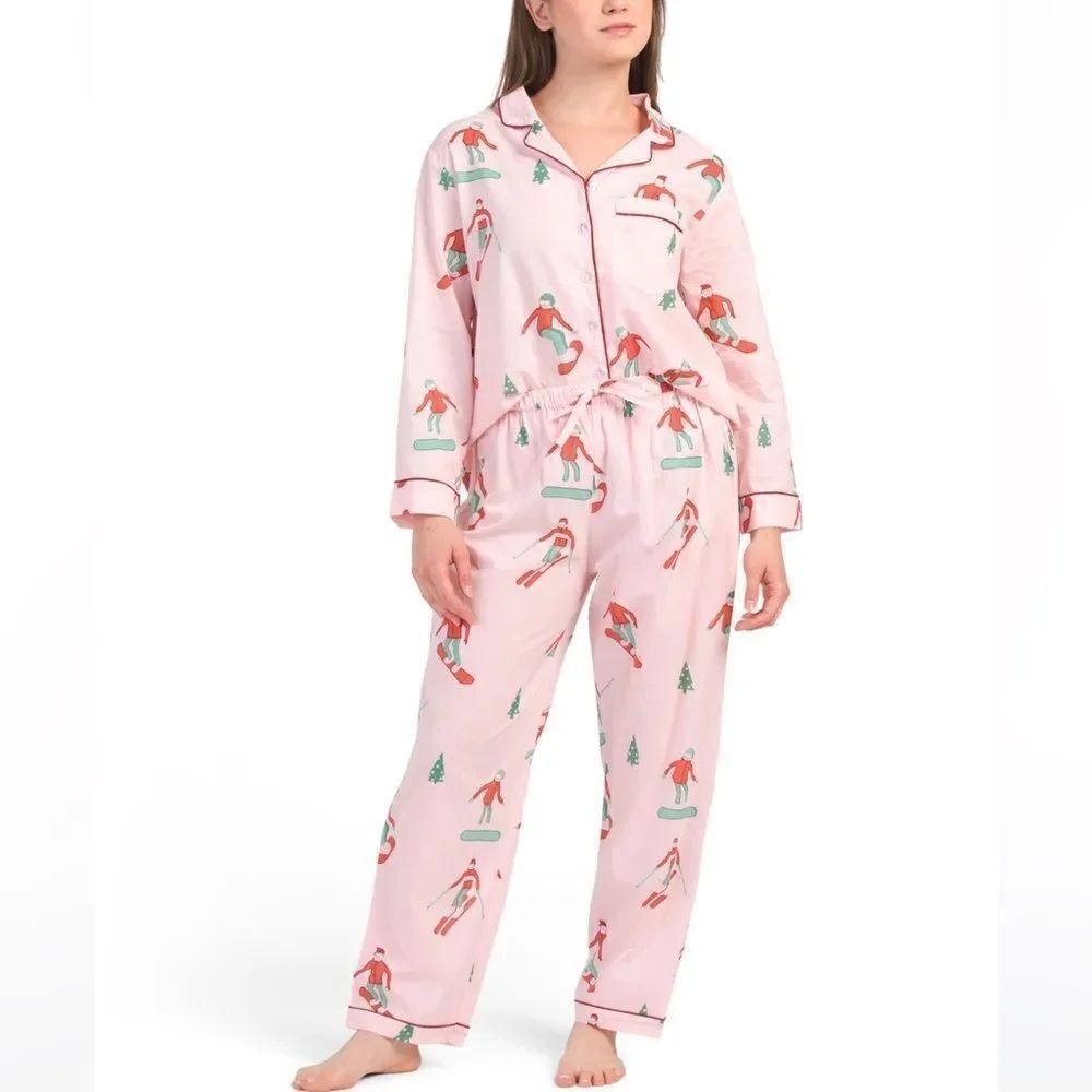 SAATVIK Light Pink Coral Green Ski Scene Long Sleeve Notched Long Pant PJ set